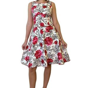SARA CAMPBELL Garden Party A-line Dress Black White Red Pink Floral Size 4